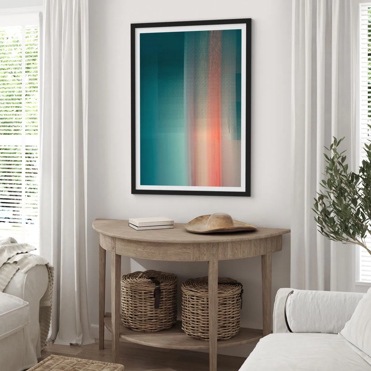 Poster în ramă neagră - Un joc abstract de lumină în nuanțe de turcoaz și roșu. - 50x70cm - Abstracție: unde de lumină - Decorațiune modernă pentru perete pentru living și dormitor ARTTOR