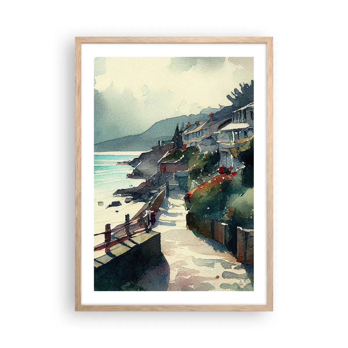 Poster în ramă de stejar deschis - Orășel mediteraneean - 50x70 cm