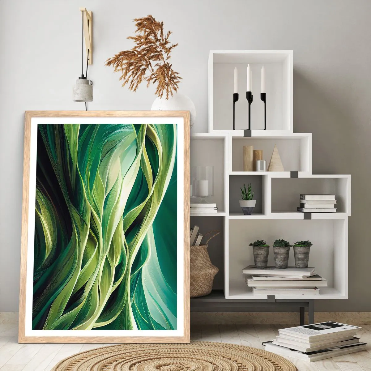 Poster în ramă de stejar deschis - Un joc abstract de verde - 50x70 cm
