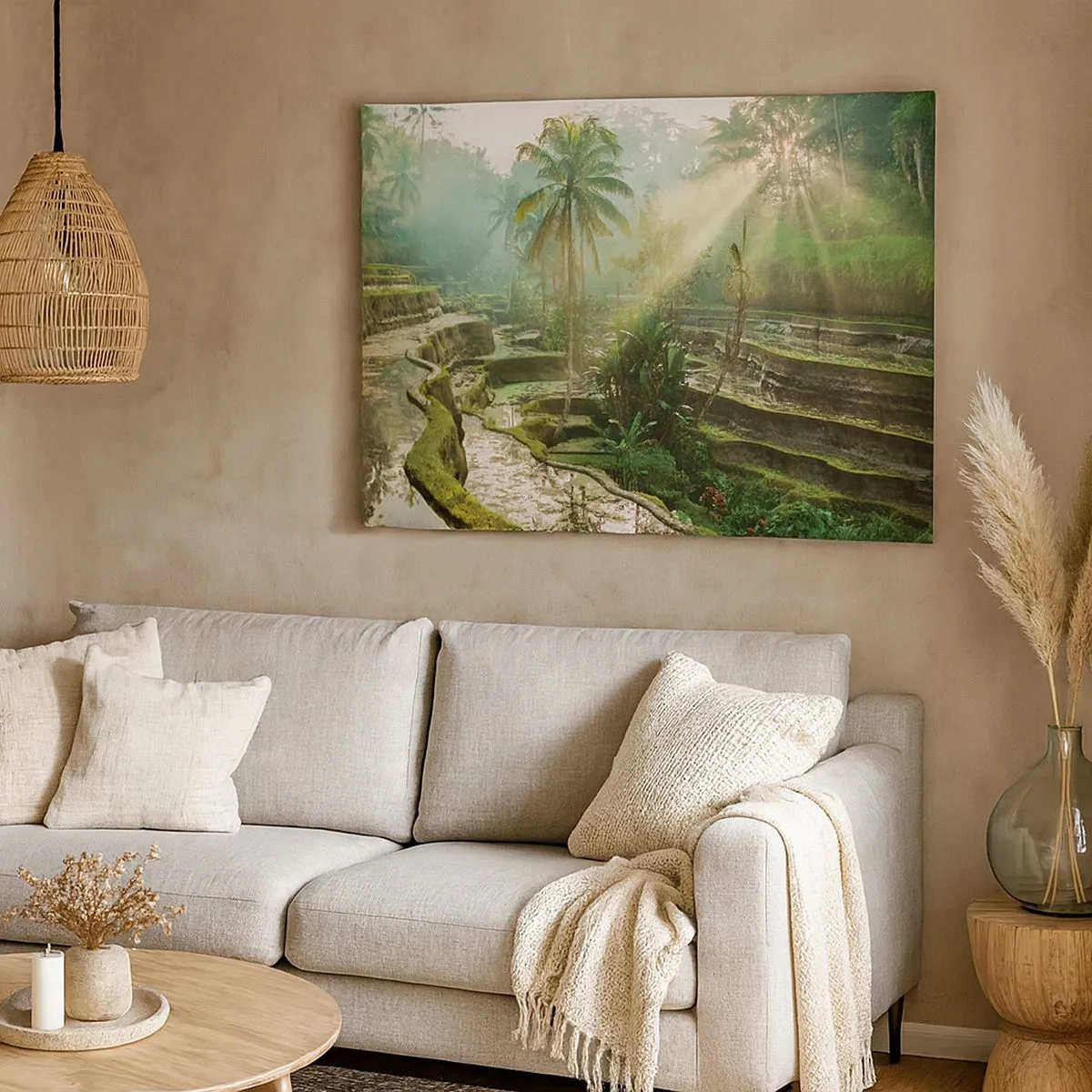 Tablou pe pânză Canvas - Terase de orez cu palmieri în razele soarelui - 70x50cm - Crescând la soare - Decorațiune modernă pentru perete pentru living și dormitor ARTTOR