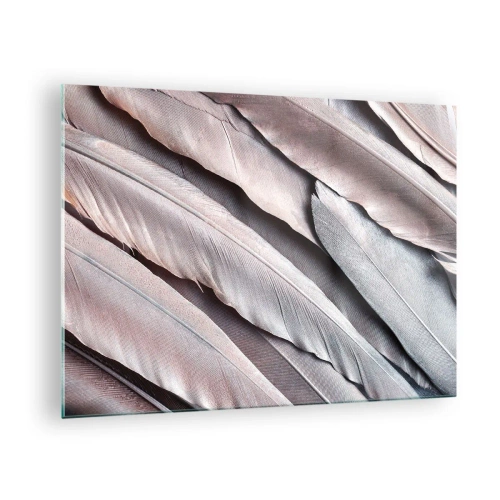 Tablou pe sticlă - Prim-plan cu pene pastelate în nuanțe de roz și argintiu - 70x50cm - Argintul roz - Decorațiune modernă pentru perete pentru living și dormitor ARTTOR