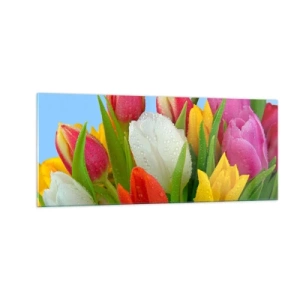 Tablou pe sticlă - Un curcubeu floral în picături de rouă - 100x40 cm