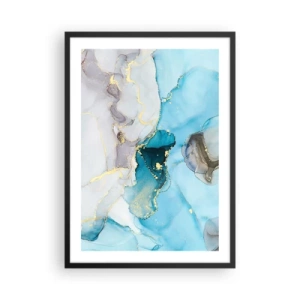 Poster în ramă neagră - compoziție abstractă în nuanțe de albastru cu accente delicate aurii. - 50x70cm - Un studiu al întâlnirii dintre gri și turcoaz - Decorațiune modernă pentru perete pentru living și dormitor ARTTOR