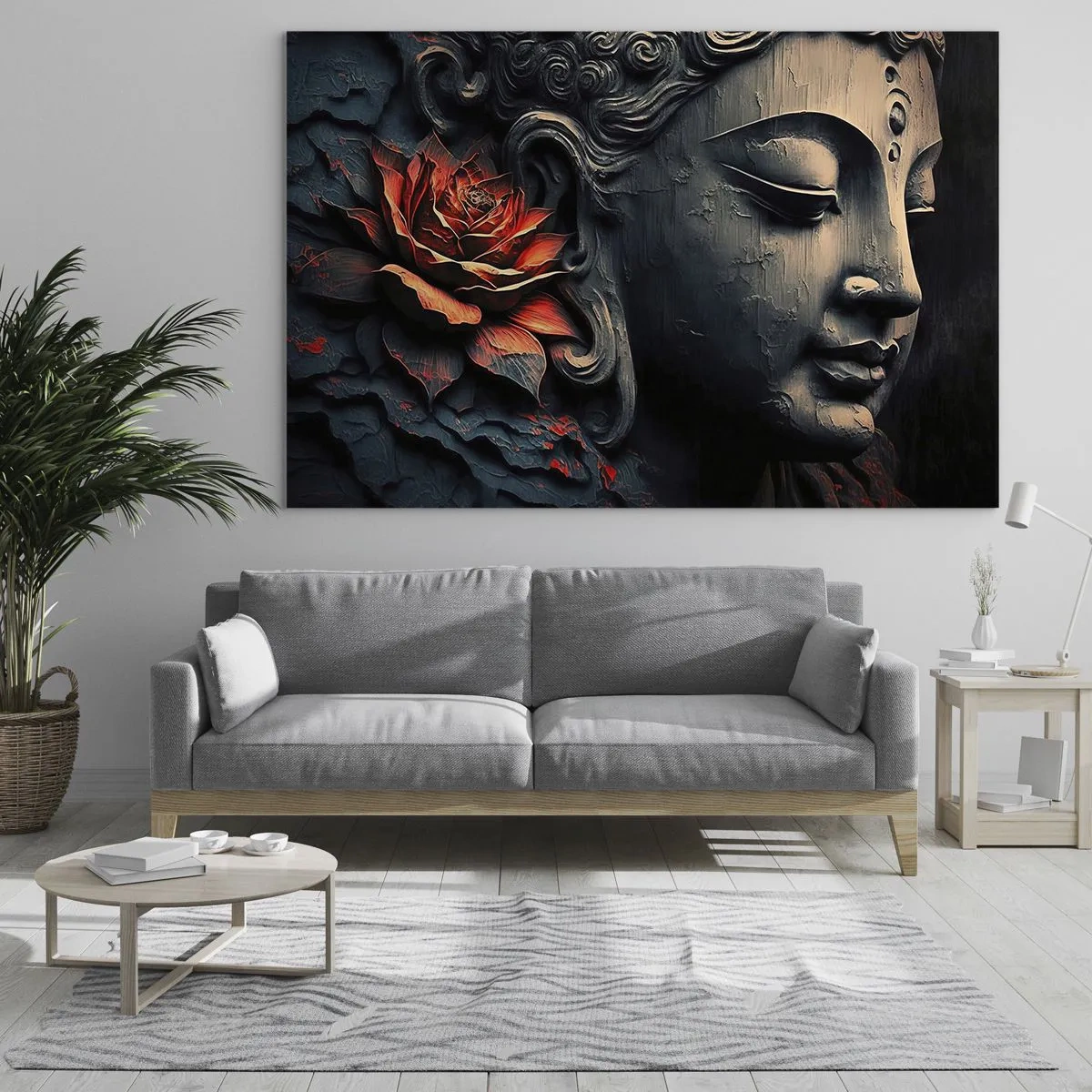 Tablou pe sticlă - Profilul unei figuri care meditează, cu o floare roșie pe un fundal întunecat. - 70x50cm - În ton cu lumea - Decorațiune modernă pentru perete pentru living și dormitor ARTTOR