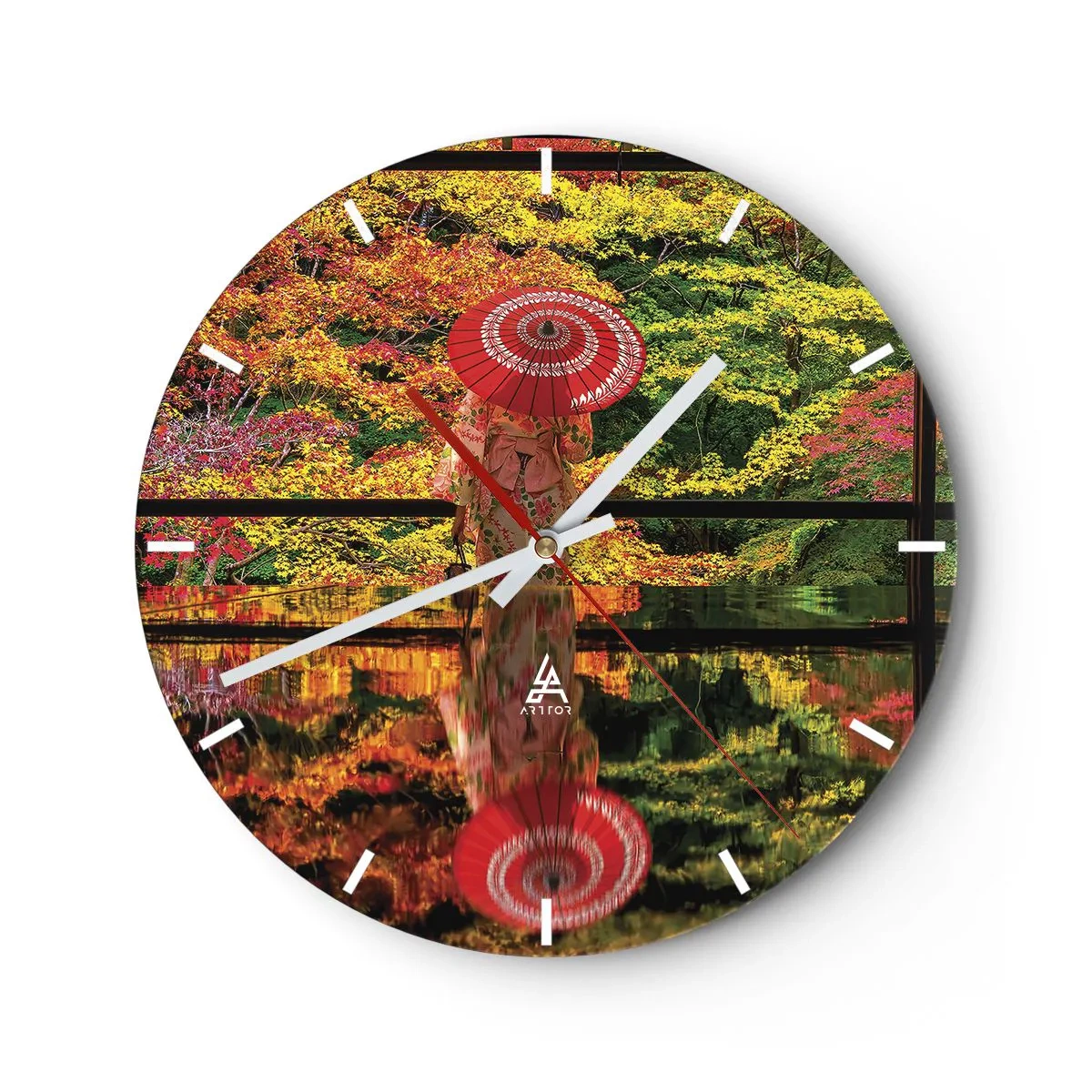 Ceas de perete - Ceas pe sticlă - Umbrelă japoneză printre frunzele de toamnă - 30x30cm - În templul naturii - Decorațiune modernă pentru perete pentru living, bucătărie și dormitor ARTTOR