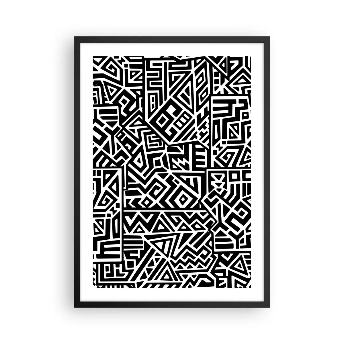 Poster în ramă neagră - Model geometric alb-negru într-un stil artistic - 50x70cm - Compoziție precolumbiană - Decorațiune modernă pentru perete pentru living și dormitor ARTTOR