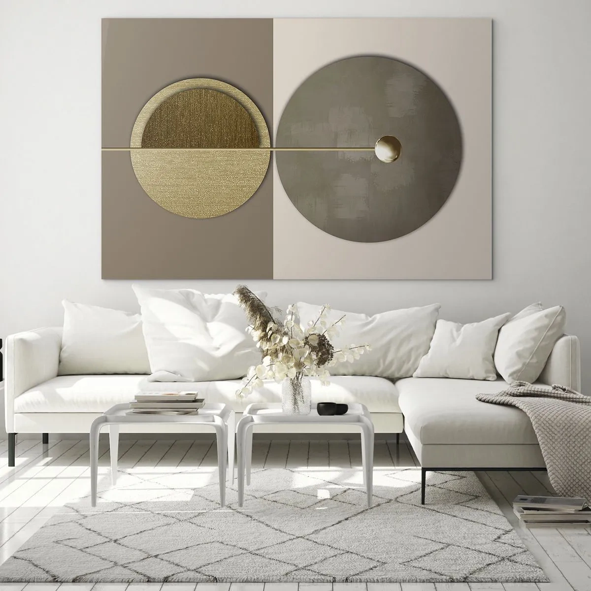 Tablou pe sticlă - Cercuri și linii aurii într-o compoziție armonioasă - 70x50cm - Echilibru perfect - Decorațiune modernă pentru perete pentru living și dormitor ARTTOR