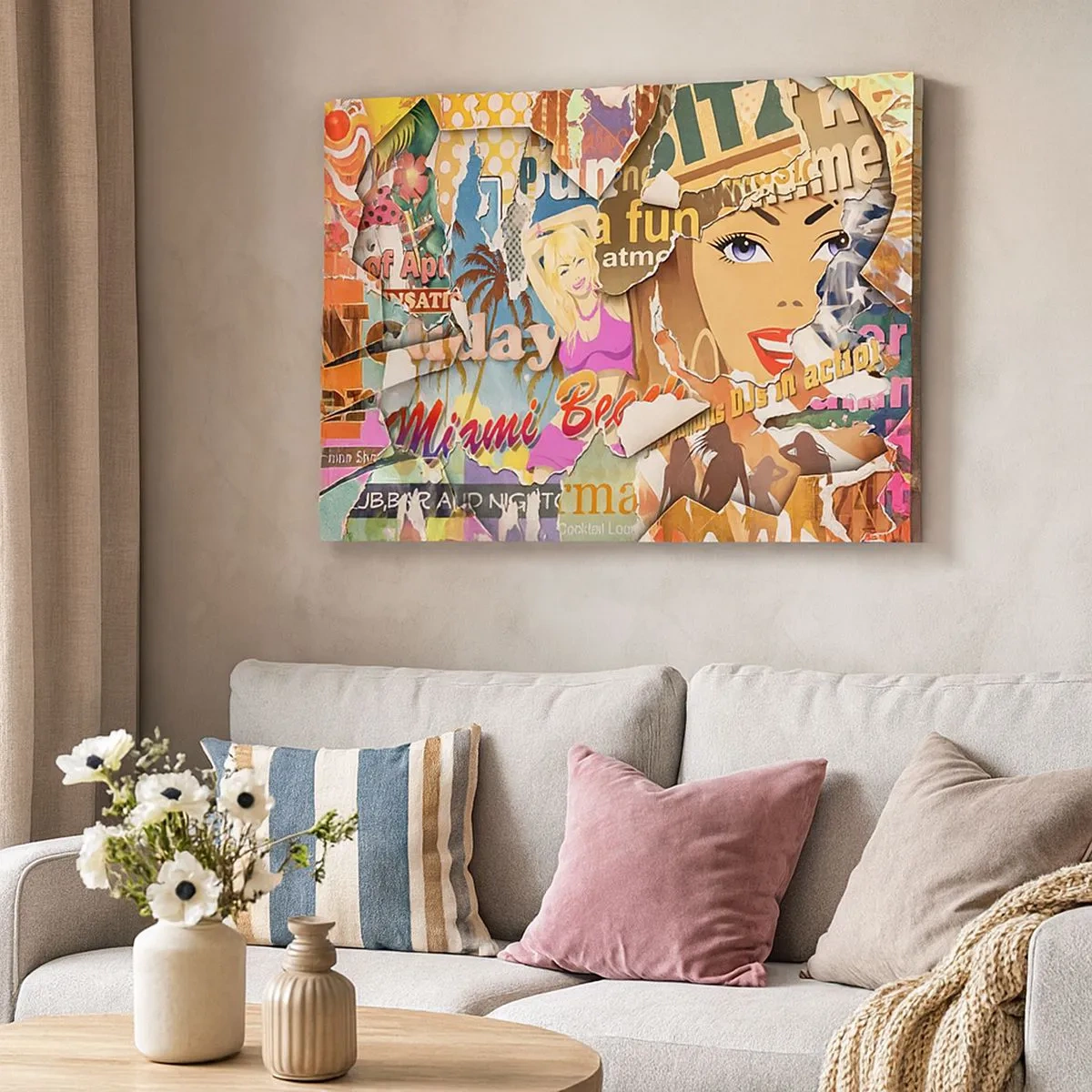 Tablou pe pânză Canvas - Un colaj colorat cu elemente retro și pop art. - 70x50cm - Flashback-uri de vacanță - Decorațiune modernă pentru perete pentru living și dormitor ARTTOR