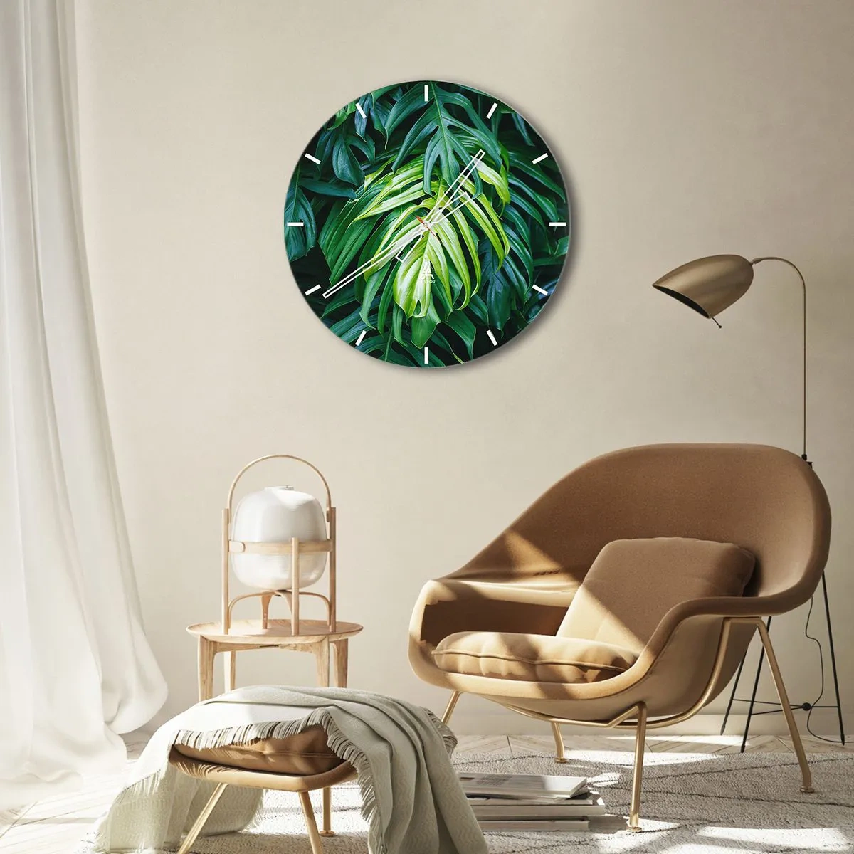 Ceas de perete - Ceas pe sticlă - Frunze verzi într-un cadru natural - 30x30cm - Scufundă-te în prospețime - Decorațiune modernă pentru perete pentru living, bucătărie și dormitor ARTTOR