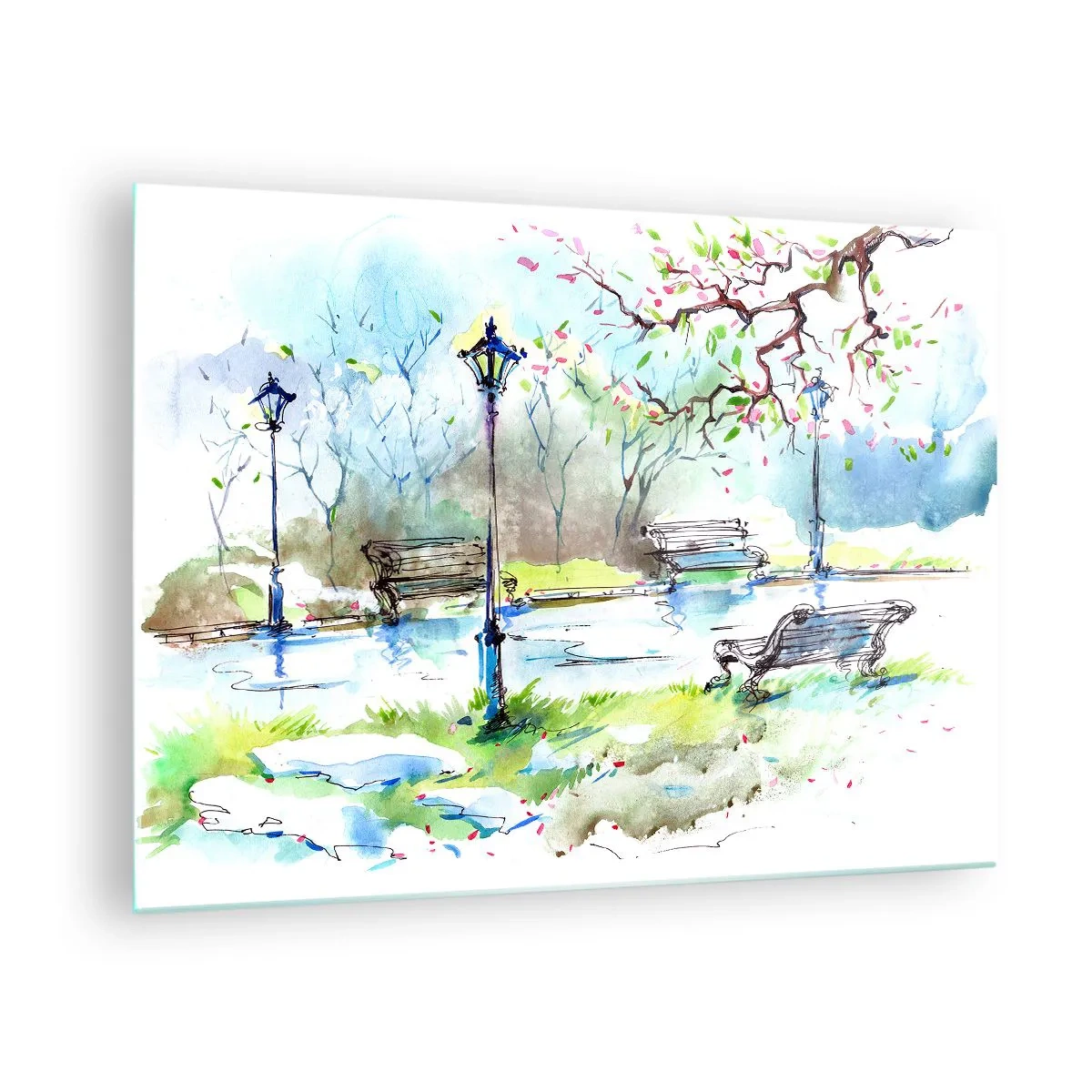 Tablou pe sticlă - Pictură în acuarelă a unei scene de parc cu bănci și felinare - 70x50cm - Magia liniștii din parc - Decorațiune modernă pentru perete pentru living și dormitor ARTTOR