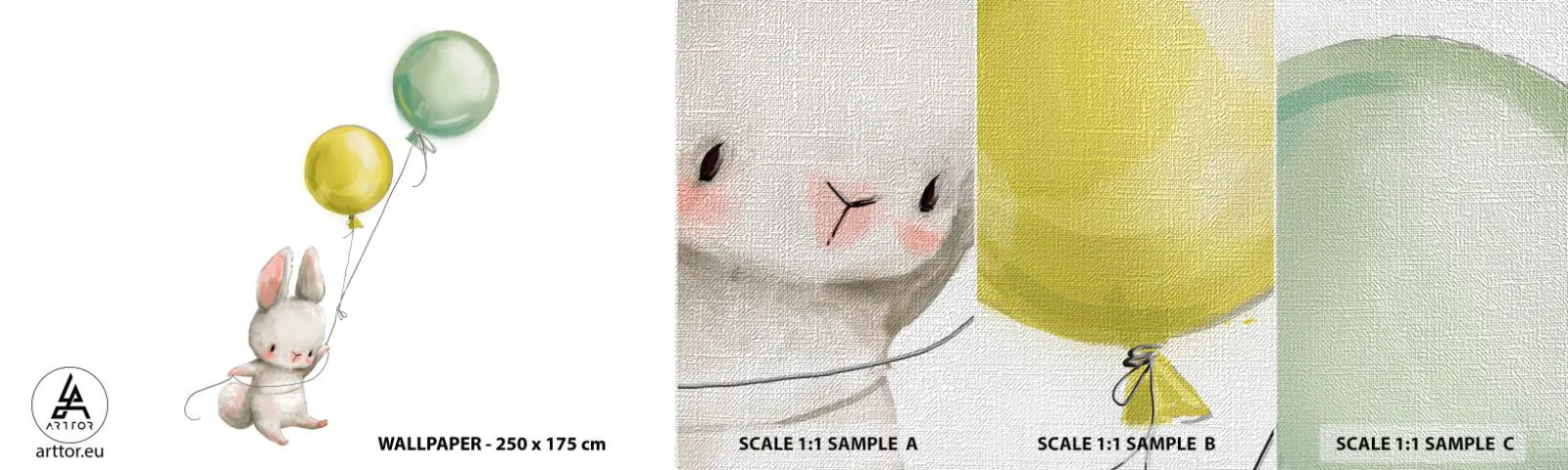 Mostră tapet Premium Canvas - Voi zbura și eu! - Pentru copii, Iepure, Baloane colorate - 100x30 cm