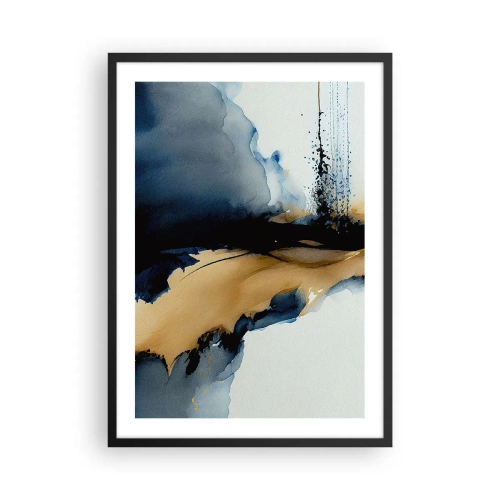 Poster în ramă neagră - O compoziție abstractă în nuanțe de albastru marin și auriu - 50x70cm - În spatele cortinei - Decorațiune modernă pentru perete pentru living și dormitor ARTTOR