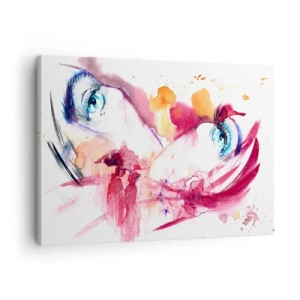 Tablou pe pânză Canvas - O față abstractă cu ochi expresivi și accente roșii. - 70x50cm - În apropiere, lumea înflorește - Decorațiune modernă pentru perete pentru living și dormitor ARTTOR