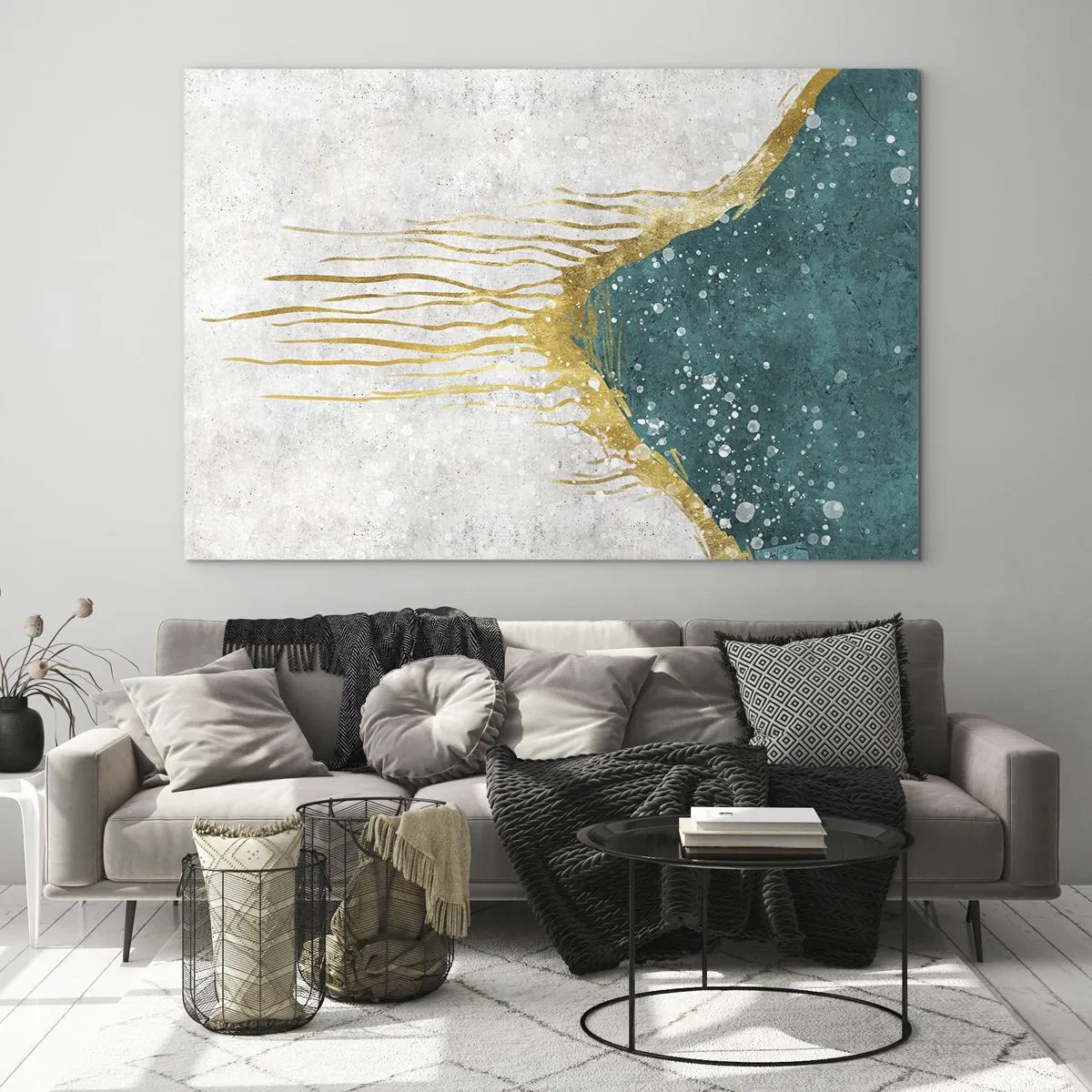 Tablou pe sticlă - Model abstract auriu pe un fundal turcoaz și alb - 70x50cm - Mareea de aur - Decorațiune modernă pentru perete pentru living și dormitor ARTTOR