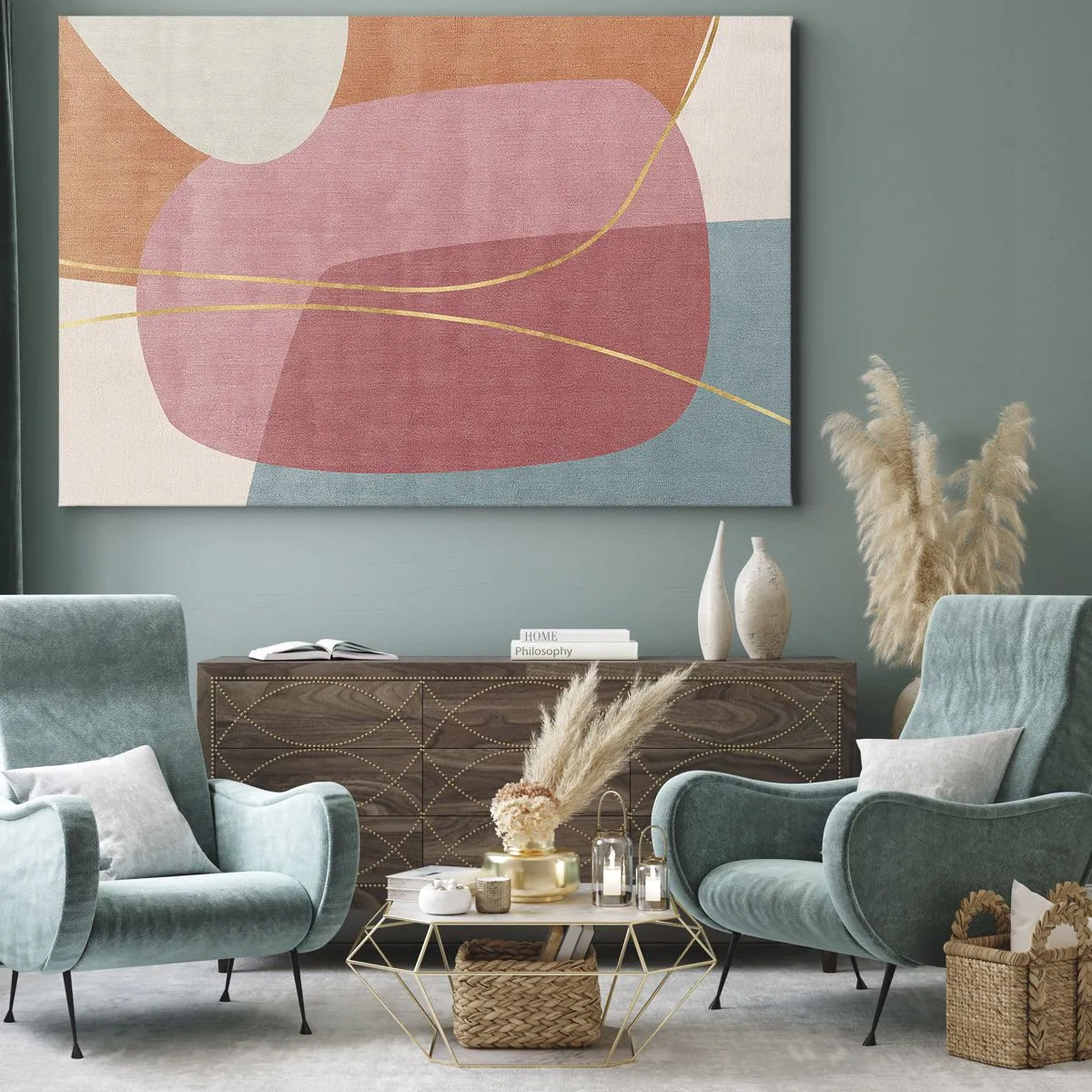 Tablou pe pânză Canvas - Forme abstracte în culori pastelate cu linii delicate - 70x50cm - Compoziție pastel cu fir de aur - Decorațiune modernă pentru perete pentru living și dormitor ARTTOR