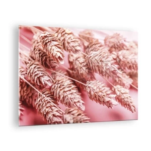 Tablou pe sticlă - Șuvițe de porumb uscate în nuanțe de roz pe un fundal pastel - 70x50cm - Cascadă florală în roz - Decorațiune modernă pentru perete pentru living și dormitor ARTTOR