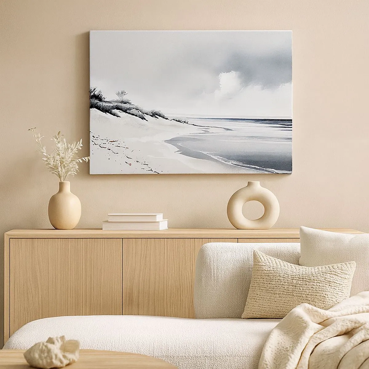 Tablou pe pânză Canvas - O plajă în nuanțe subtile de gri și albastru - 70x50cm - Întotdeauna împreună - Decorațiune modernă pentru perete pentru living și dormitor ARTTOR