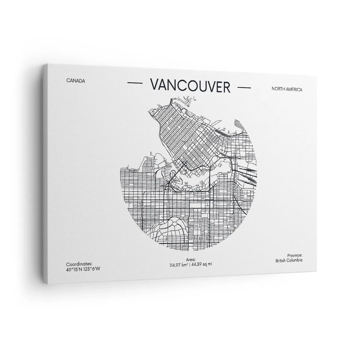 Tablou pe pânză Canvas - O hartă a orașului Vancouver într-un stil minimalist alb-negru - 70x50cm - Anatomia Vacouverului - Decorațiune modernă pentru perete pentru living și dormitor ARTTOR