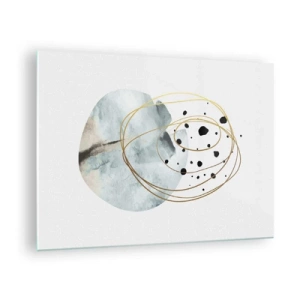 Tablou pe sticlă - Compoziție abstractă cu o pată albastră și linii aurii - 70x50cm - În îmbrățișarea spațiului - Decorațiune modernă pentru perete pentru living și dormitor ARTTOR