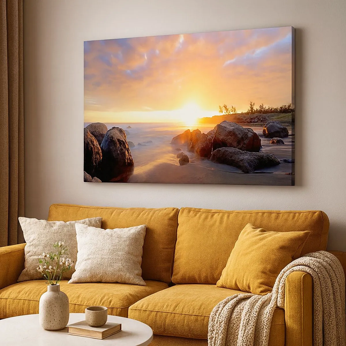 Tablou pe pânză Canvas - Apus de soare peste coasta stâncoasă - 70x50cm - Briză luminoasă de seară - Decorațiune modernă pentru perete pentru living și dormitor ARTTOR
