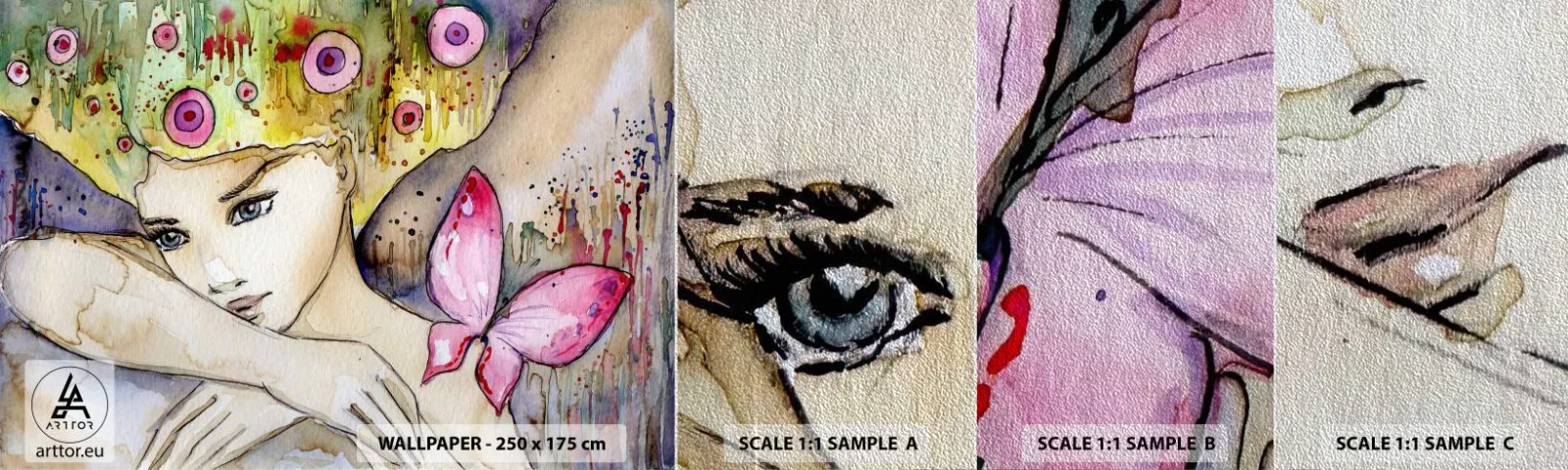 Mostră tapet Premium Sand - Prințesa fluture - Abstracția, Femeie, Acuarele - 100x30 cm