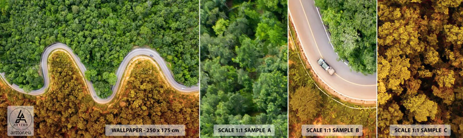 Mostră tapet autocolant Deluxe Sticker - Frontiere și defilee - Peisaj, Drumul Auto, pădure - 100x30 cm