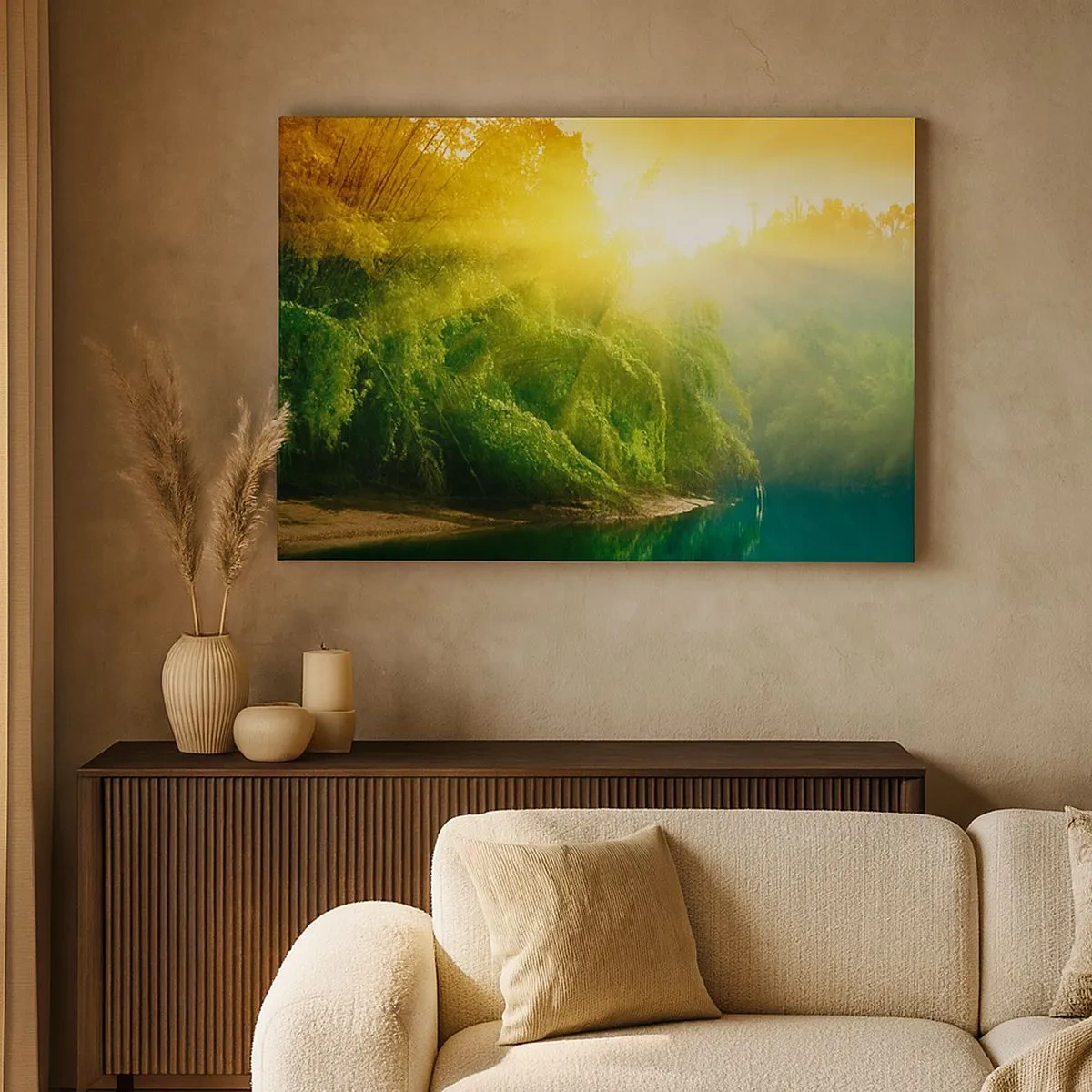 Tablou pe pânză Canvas - O pădure verde lângă râu, luminată de razele soarelui care răsare - 70x50cm - Scufundare în soare și umbră - Decorațiune modernă pentru perete pentru living și dormitor ARTTOR