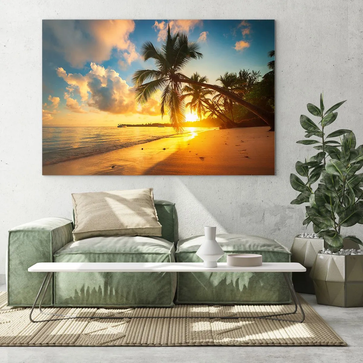 Tablou pe sticlă - Plajă tropicală cu palmieri la apus - 70x50cm - Visul din Caraibe - Decorațiune modernă pentru perete pentru living și dormitor ARTTOR