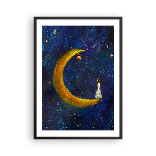 Poster în ramă neagră - O figură pe o lună aurie pe un cer nocturn cu stele - 50x70cm - Chemarea lumii - Decorațiune modernă pentru perete pentru living și dormitor ARTTOR
