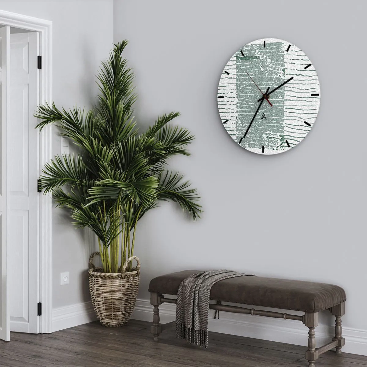 Ceas de perete - Ceas pe sticlă - O compoziție grafică cu linii orizontale în nuanțe de verde marin. - 30x30cm - Abstracție marină - Decorațiune modernă pentru perete pentru living, bucătărie și dormitor ARTTOR