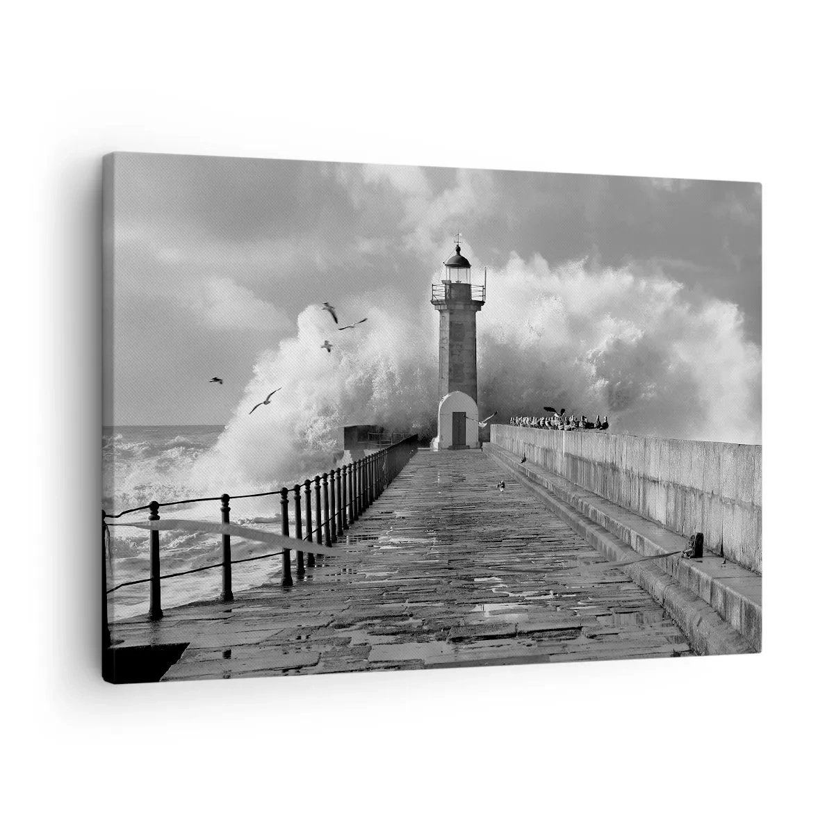 Tablou pe pânză Canvas - Un far înconjurat de valuri în timpul unei furtuni - 70x50cm - Fără frică - Decorațiune modernă pentru perete pentru living și dormitor ARTTOR