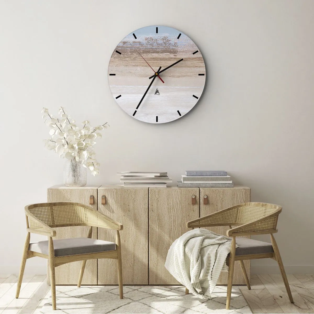 Ceas de perete - Ceas pe sticlă - Peisaj pastel cu dungi orizontale de albastru și bej. - 30x30cm - Un peisaj ambiguu - Decorațiune modernă pentru perete pentru living, bucătărie și dormitor ARTTOR