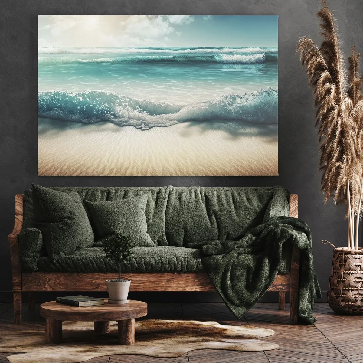 Tablou pe pânză Canvas - Valuri oceanice pe o plajă cu nisip deschis la culoare - 70x50cm - Calmul oceanului - Decorațiune modernă pentru perete pentru living și dormitor ARTTOR