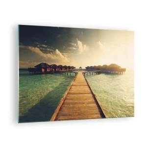 Tablou pe sticlă - Digul care duce la căsuțele de pe malul apei la apus - 70x50cm - O invitație caldă - Decorațiune modernă pentru perete pentru living și dormitor ARTTOR
