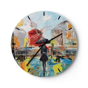 Ceas de perete - Ceas pe sticlă - Scenă urbană colorată cu o femeie și o moară de vânt - 30x30cm - Legende pariziene - Decorațiune modernă pentru perete pentru living, bucătărie și dormitor ARTTOR