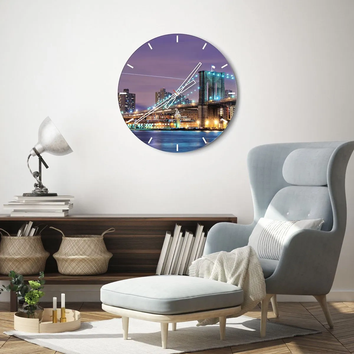 Ceas de perete - Ceas pe sticlă - Un pod iluminat noaptea peste râu, cu vedere asupra orașului - 30x30cm - De mulți ani, Podul Brooklyn - Decorațiune modernă pentru perete pentru living, bucătărie și dormitor ARTTOR