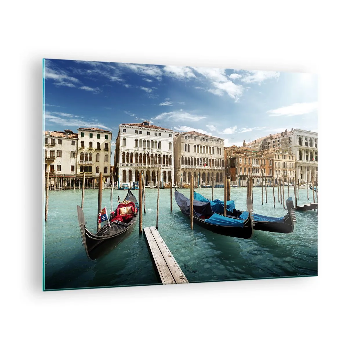 Tablou pe sticlă - Gondole pe un canal din Veneția într-o zi însorită - 70x50cm - Palate în albastru - Decorațiune modernă pentru perete pentru living și dormitor ARTTOR