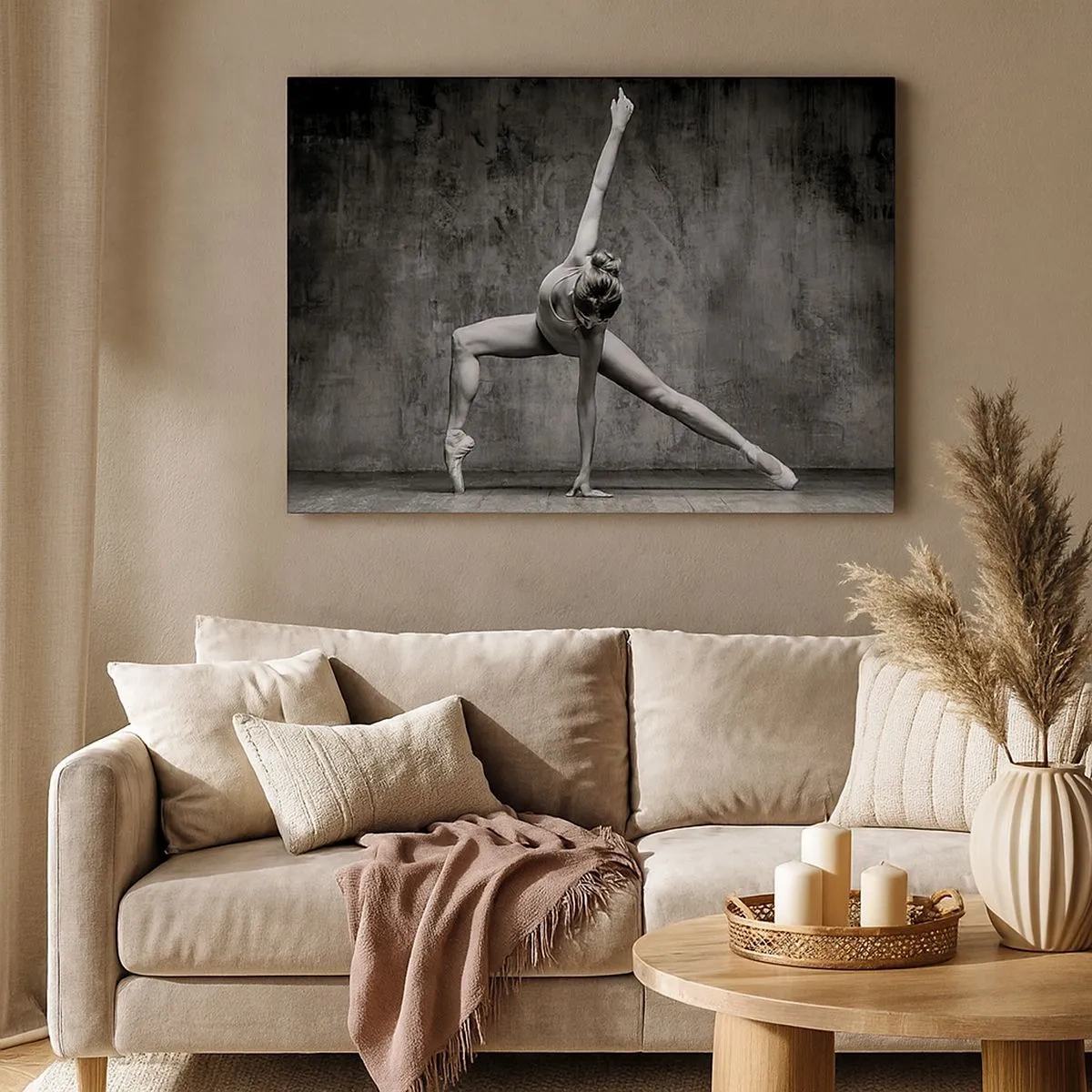 Tablou pe pânză Canvas - O dansatoare într-o poză artistică pe un perete brut - 70x50cm - Idealul de echilibru - Decorațiune modernă pentru perete pentru living și dormitor ARTTOR