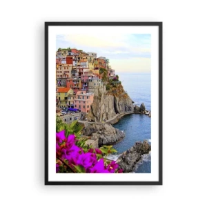 Poster în ramă neagră - Vedere a clădirilor colorate de pe o stâncă deasupra mării - 50x70cm - Un oraș care râde - Decorațiune modernă pentru perete pentru living și dormitor ARTTOR