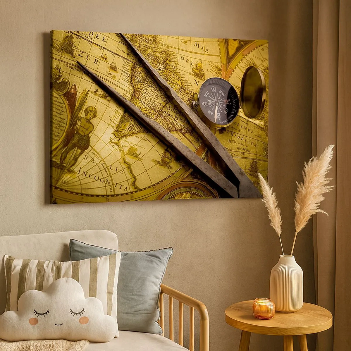 Tablou pe pânză Canvas - O hartă antică a lumii cu o busolă și o pereche de busole pe fundal - 70x50cm - Unde sunt aceste comori? - Decorațiune modernă pentru perete pentru living și dormitor ARTTOR