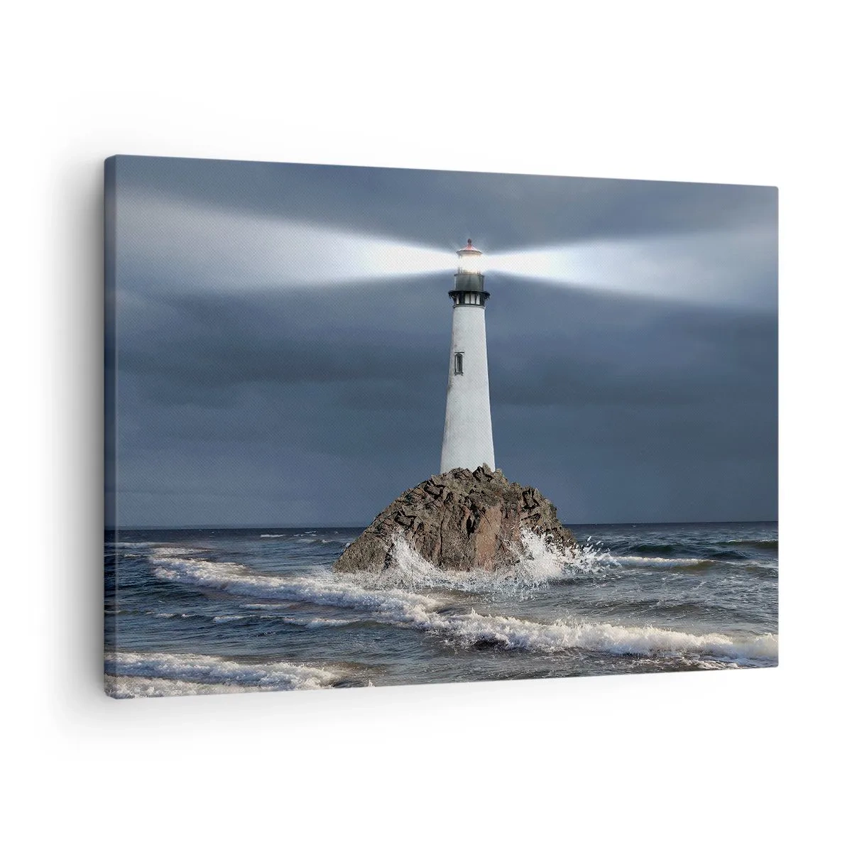 Tablou pe pânză Canvas - Un far pe o stâncă înconjurat de o mare furtunoasă - 70x50cm - Aici... aici...! - Decorațiune modernă pentru perete pentru living și dormitor ARTTOR