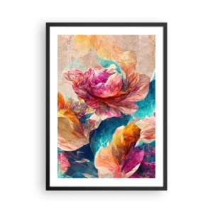 Poster în ramă neagră - Flori abstracte în nuanțe de roz și turcoaz - 50x70cm - Splendoarea colorată a buchetului de flori - Decorațiune modernă pentru perete pentru living și dormitor ARTTOR