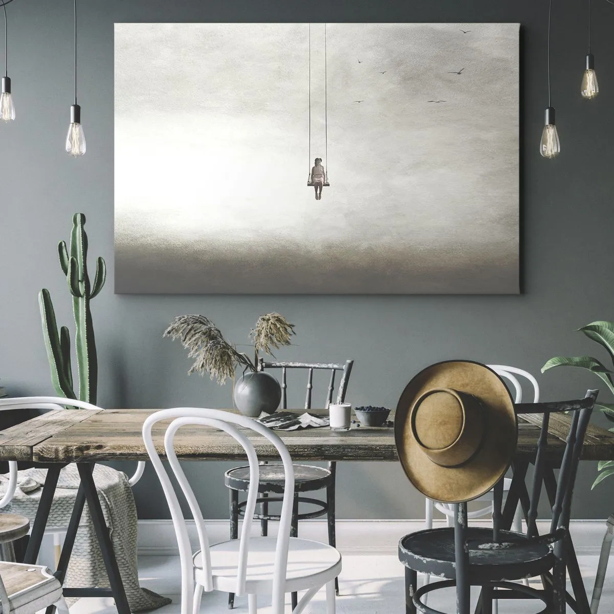 Tablou pe pânză Canvas - O figură pe un leagăn suspendată în spațiu - 70x50cm - Copilul din noi - Decorațiune modernă pentru perete pentru living și dormitor ARTTOR
