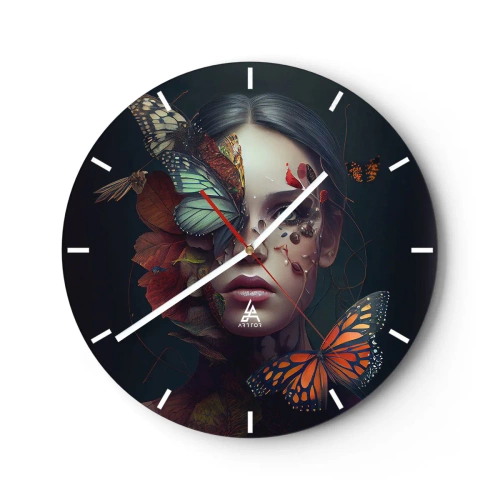 Ceas de perete - Ceas pe sticlă - O femeie cu fluturi și frunze pe față într-o compoziție artistică. - 30x30cm - Transformare minunată - Decorațiune modernă pentru perete pentru living, bucătărie și dormitor ARTTOR