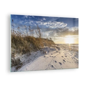 Tablou pe sticlă - Plajă nisipoasă la apus cu ierburi lângă dună - 70x50cm - Invitație la o plimbare - Decorațiune modernă pentru perete pentru living și dormitor ARTTOR