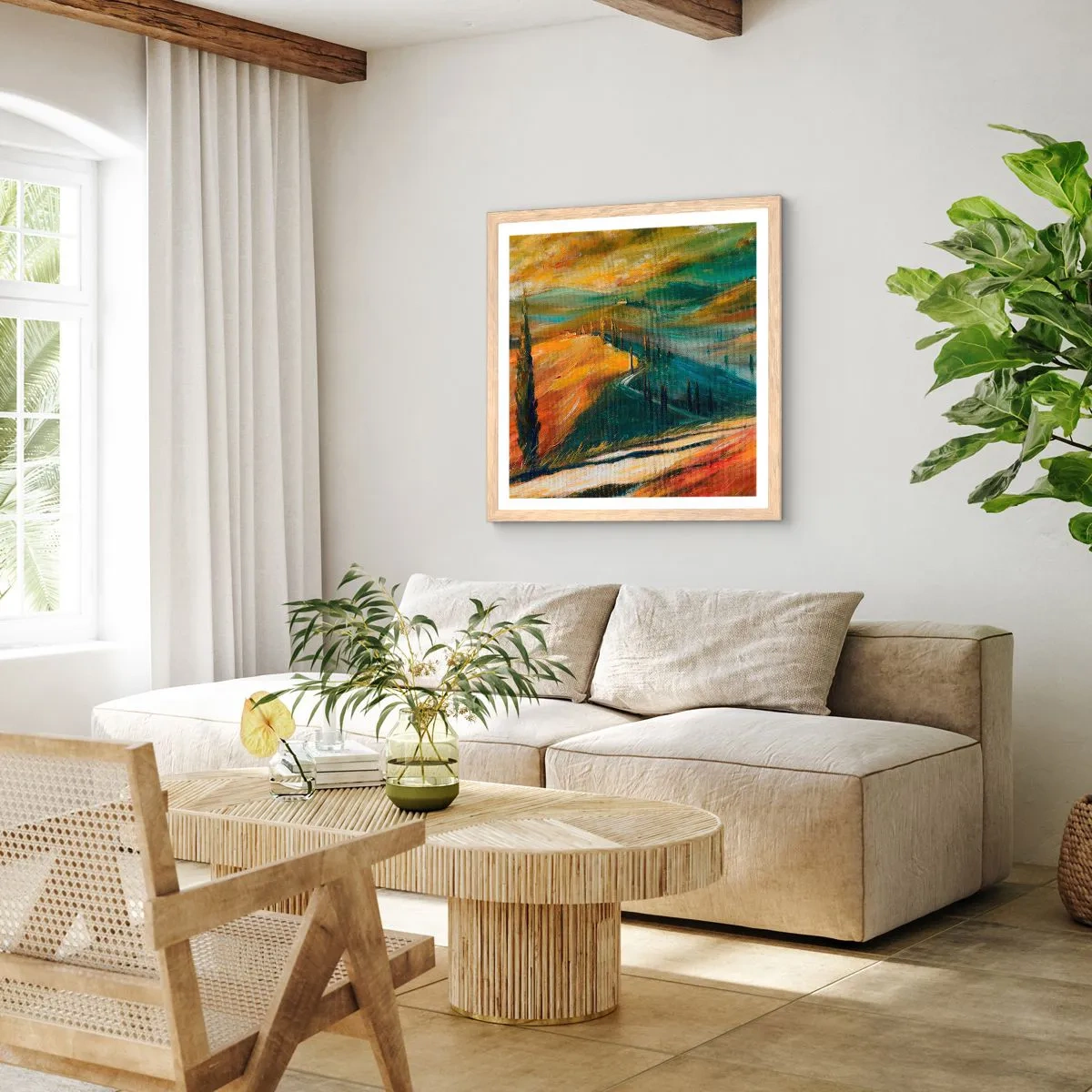 Poster în ramă de stejar deschis - Peisaj toscan - 30x30 cm