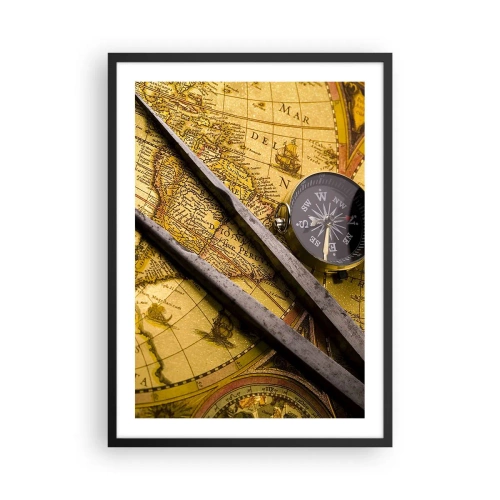 Poster în ramă neagră - Hartă veche cu busolă și instrumente de navigare - 50x70cm - Unde sunt aceste comori? - Decorațiune modernă pentru perete pentru living și dormitor ARTTOR