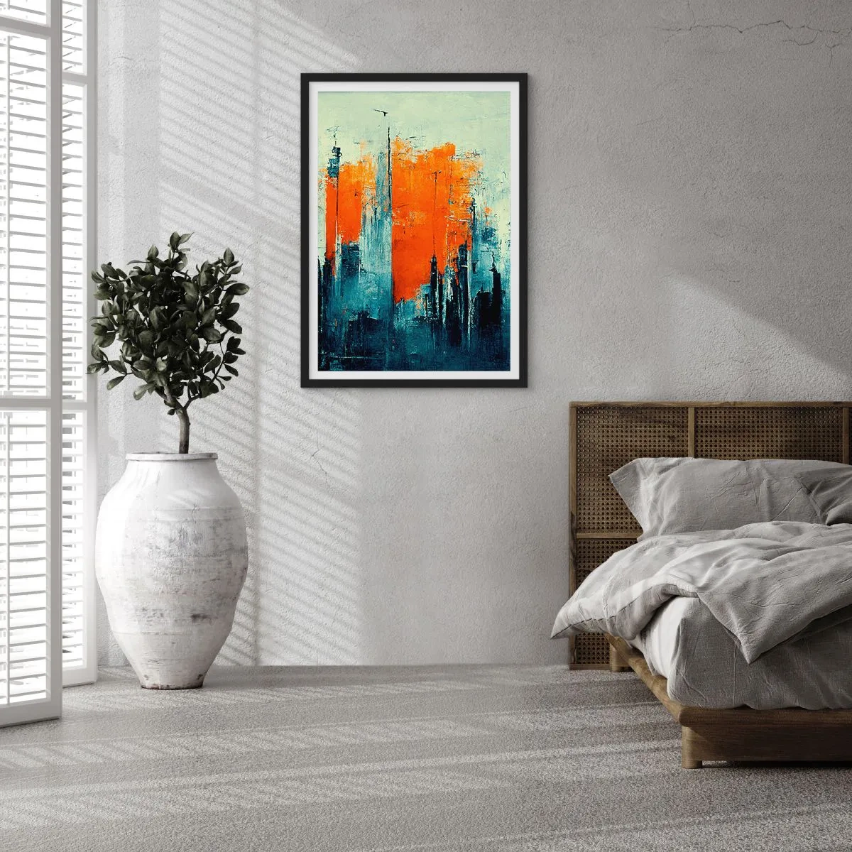 Poster în ramă neagră - Panoramă abstractă a orașului în nuanțe de portocaliu și albastru marin - 50x70cm - Peisaj modern - Decorațiune modernă pentru perete pentru living și dormitor ARTTOR