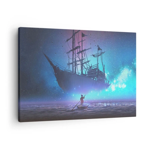 Tablou pe pânză Canvas - navă fantastică pe fundalul cerului înstelat - 70x50cm - Întâlnirea cu mitul mării - Decorațiune modernă pentru perete pentru living și dormitor ARTTOR