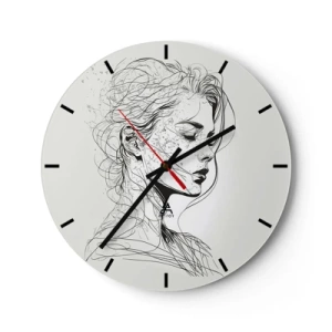 Ceas de perete - Ceas pe sticlă - Schiță alb-negru a feței unei femei gânditoare - 30x30cm - Desenată cu linii - Decorațiune modernă pentru perete pentru living, bucătărie și dormitor ARTTOR